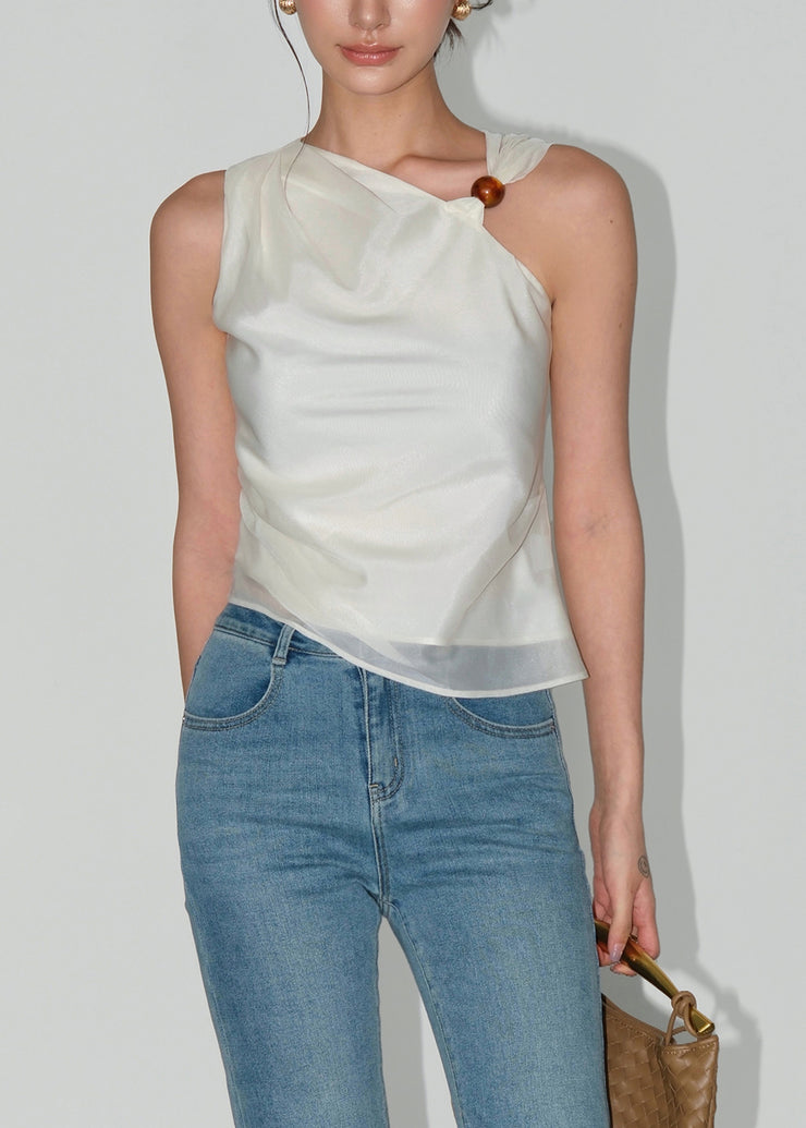 Women Apricot Asymmetrical Design Silk Top Sleeveless