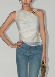 Women Apricot Asymmetrical Design Silk Top Sleeveless