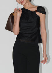 Women Apricot Asymmetrical Design Silk Top Sleeveless
