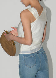 Women Apricot Asymmetrical Design Silk Top Sleeveless