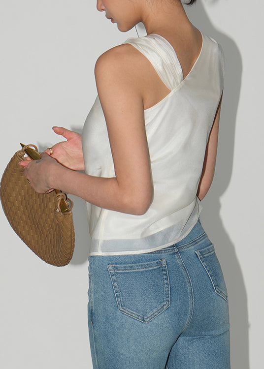 Women Apricot Asymmetrical Design Silk Top Sleeveless