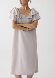Women Apricot Cotton Work Straight Dress Butterfly Sleeve