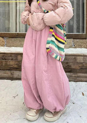 Women Apricot Drawstring Elastic Waist Cotton Filled Wide Leg Pants Winter