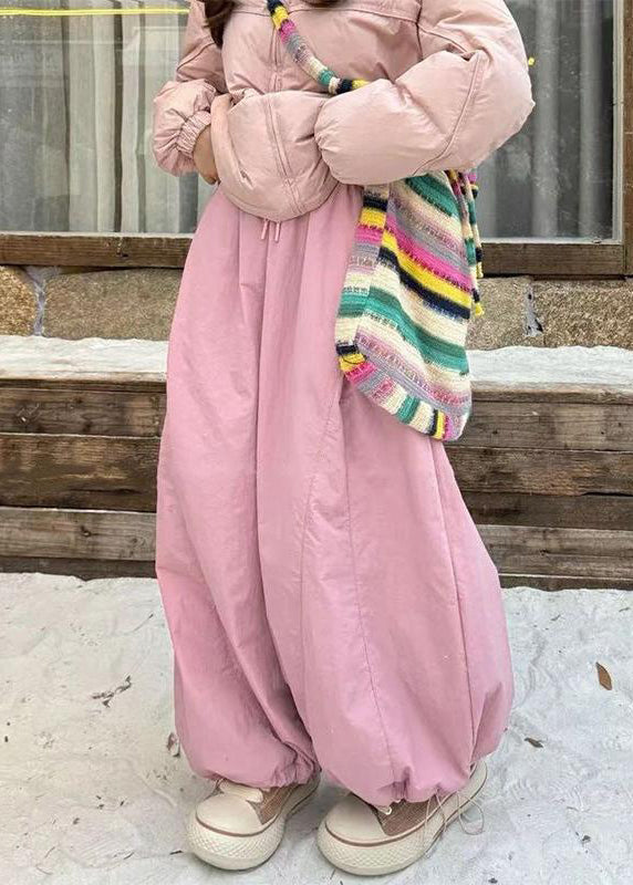 Women Apricot Drawstring Elastic Waist Cotton Filled Wide Leg Pants Winter