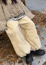 Women Apricot Drawstring Elastic Waist Cotton Filled Wide Leg Pants Winter