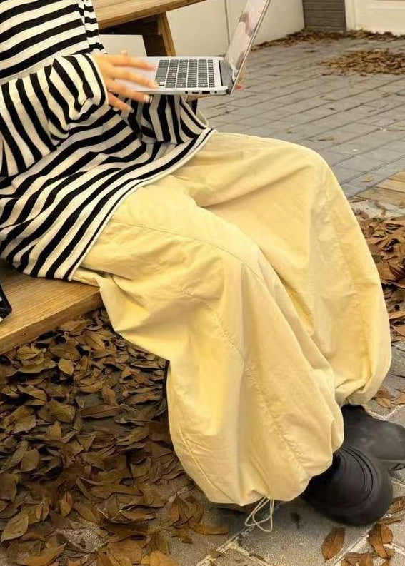 Women Apricot Drawstring Elastic Waist Cotton Filled Wide Leg Pants Winter