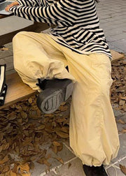 Women Apricot Drawstring Elastic Waist Cotton Filled Wide Leg Pants Winter