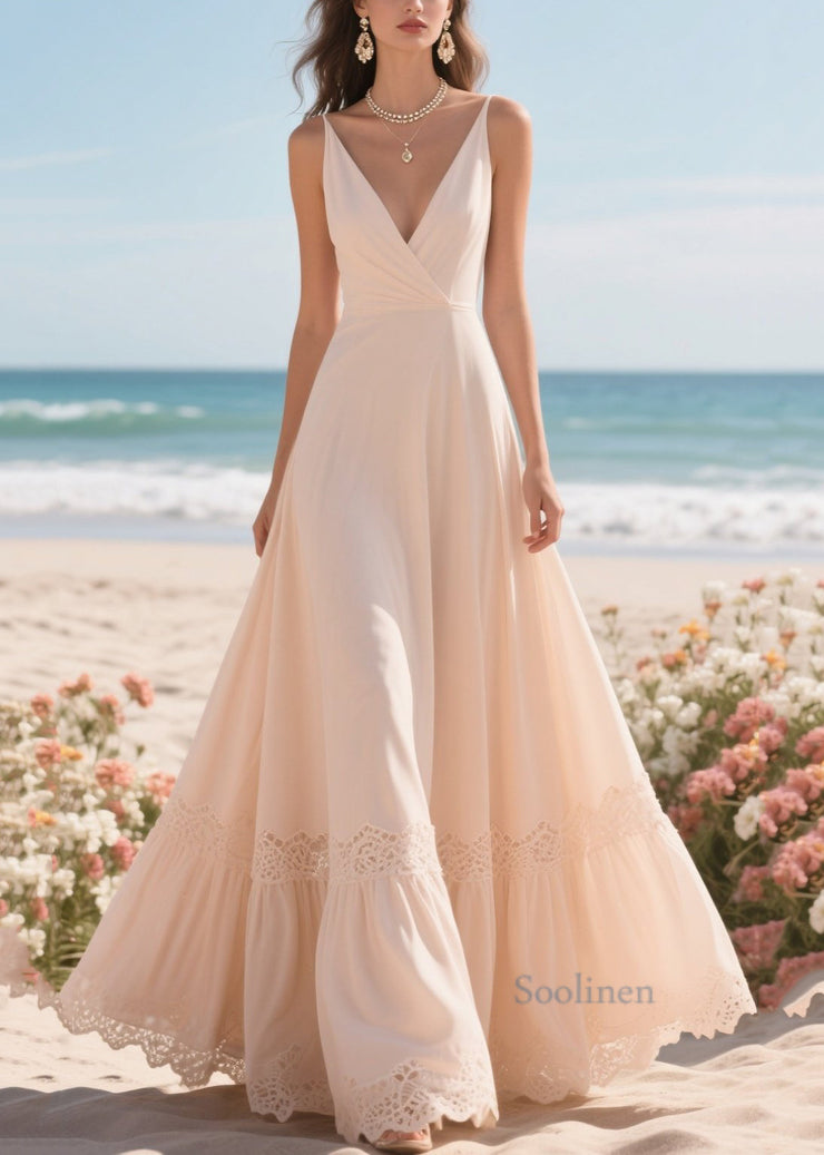 Women Apricot Exra Large Hem Patchwork Lace Holiday Dress Summer