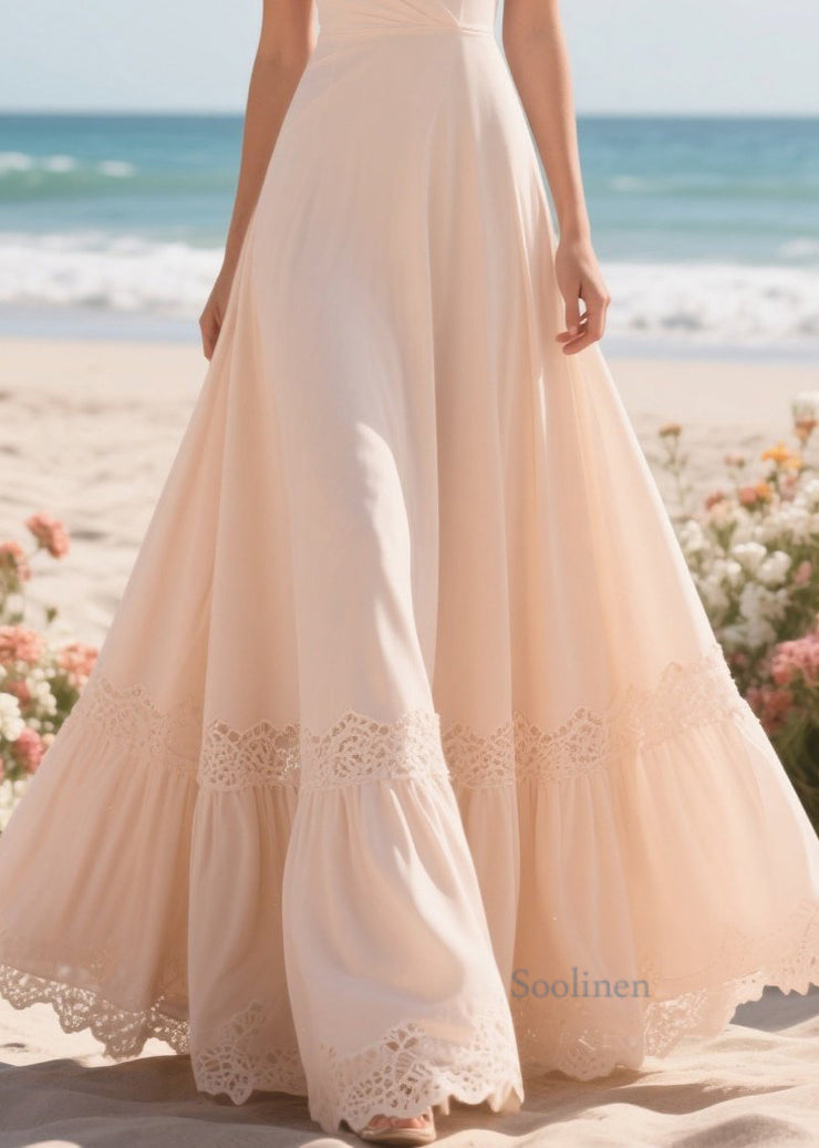 Women Apricot Exra Large Hem Patchwork Lace Holiday Dress Summer