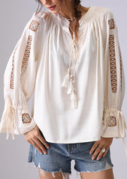 Women Apricot Hollow Out Lace Up Shirt Flare Sleeve