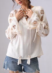 Women Apricot Hollow Out Lace Up Shirt Flare Sleeve