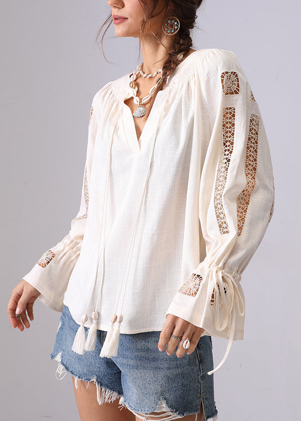 Women Apricot Hollow Out Lace Up Shirt Flare Sleeve
