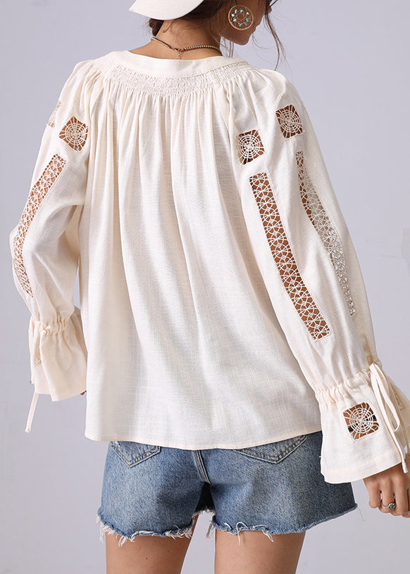 Women Apricot Hollow Out Lace Up Shirt Flare Sleeve