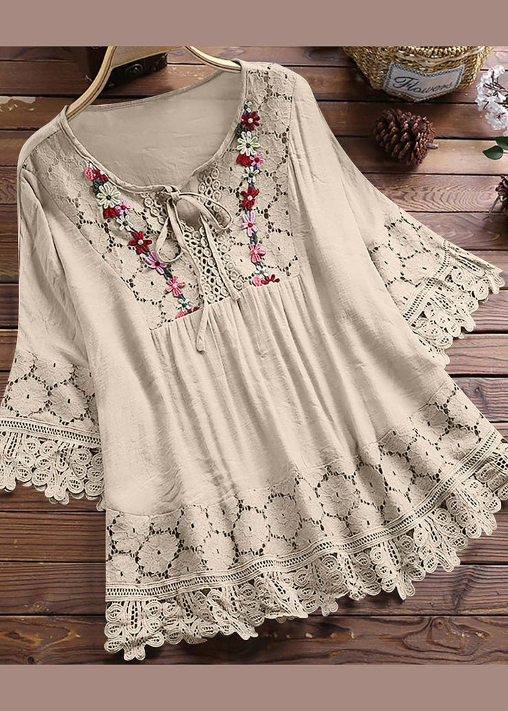 Women Apricot O Neck Patchwork Lace T Shirt Summer