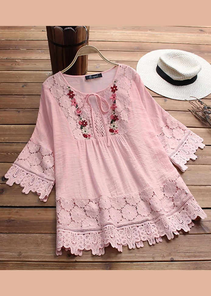 Women Apricot O Neck Patchwork Lace T Shirt Summer