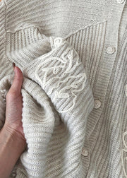Women Apricot Peter Pan Collar Button Cozy Knit Coat Fall