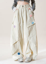 Women Apricot Pockets Floral Wrinkled Denim Pants Fall