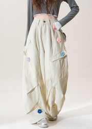 Women Apricot Pockets Floral Wrinkled Denim Pants Fall