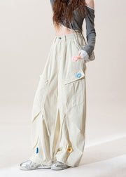 Women Apricot Pockets Floral Wrinkled Denim Pants Fall