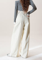 Women Apricot Pockets Floral Wrinkled Denim Pants Fall