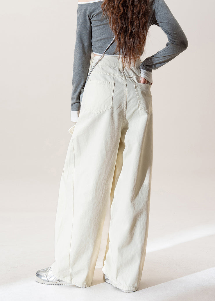 Women Apricot Pockets Floral Wrinkled Denim Pants Fall