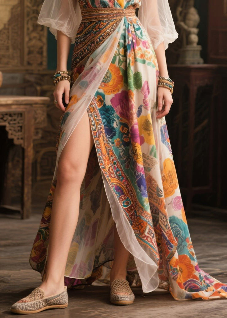 Women Apricot Print Exra Large Hem Chiffon Party Dress Summer