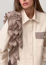 Women Apricot Ruffled Peter Pan Collar Ruffled Patchwork Shirt Spring