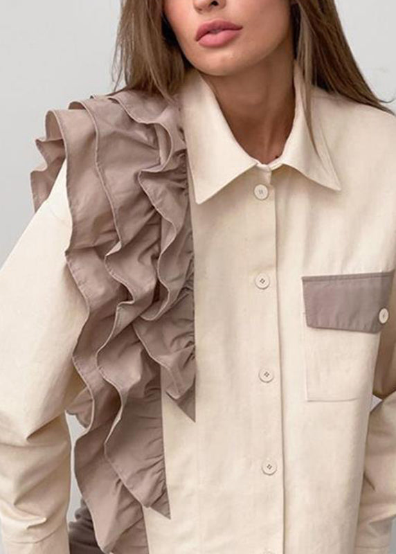 Women Apricot Ruffled Peter Pan Collar Ruffled Patchwork Shirt Spring