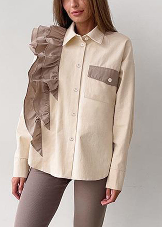 Women Apricot Ruffled Peter Pan Collar Ruffled Patchwork Shirt Spring