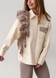 Women Apricot Ruffled Peter Pan Collar Ruffled Patchwork Shirt Spring