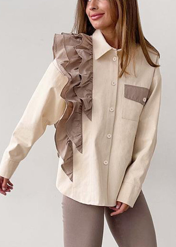 Women Apricot Ruffled Peter Pan Collar Ruffled Patchwork Shirt Spring