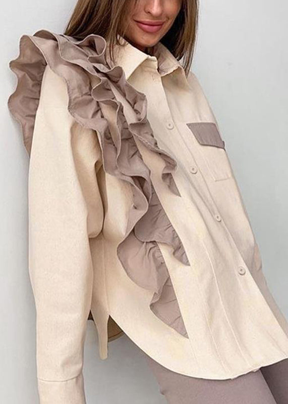 Women Apricot Ruffled Peter Pan Collar Ruffled Patchwork Shirt Spring
