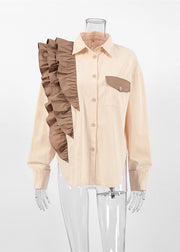 Women Apricot Ruffled Peter Pan Collar Ruffled Patchwork Shirt Spring