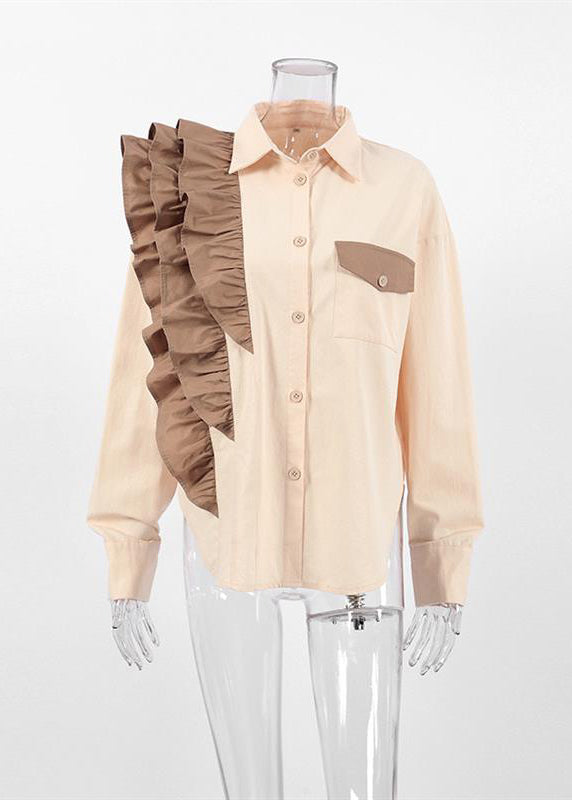 Women Apricot Ruffled Peter Pan Collar Ruffled Patchwork Shirt Spring