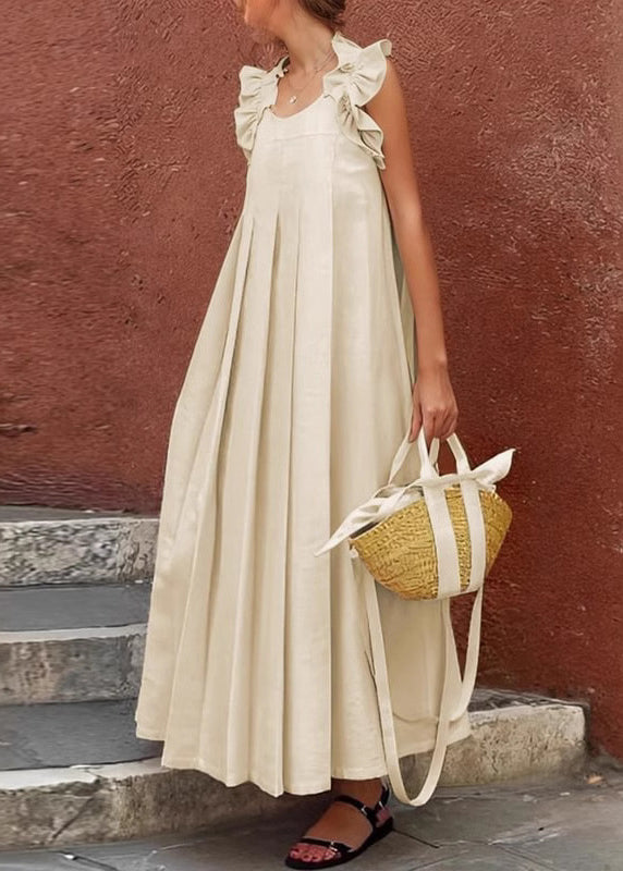 Women Apricot Ruffled Solid Cotton Long Dress Sleeveless