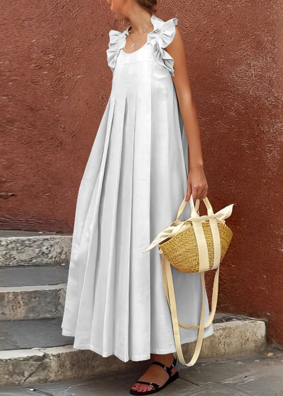 Women Apricot Ruffled Solid Cotton Long Dress Sleeveless