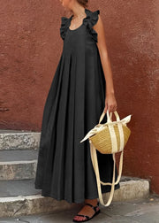 Women Apricot Ruffled Solid Cotton Long Dress Sleeveless
