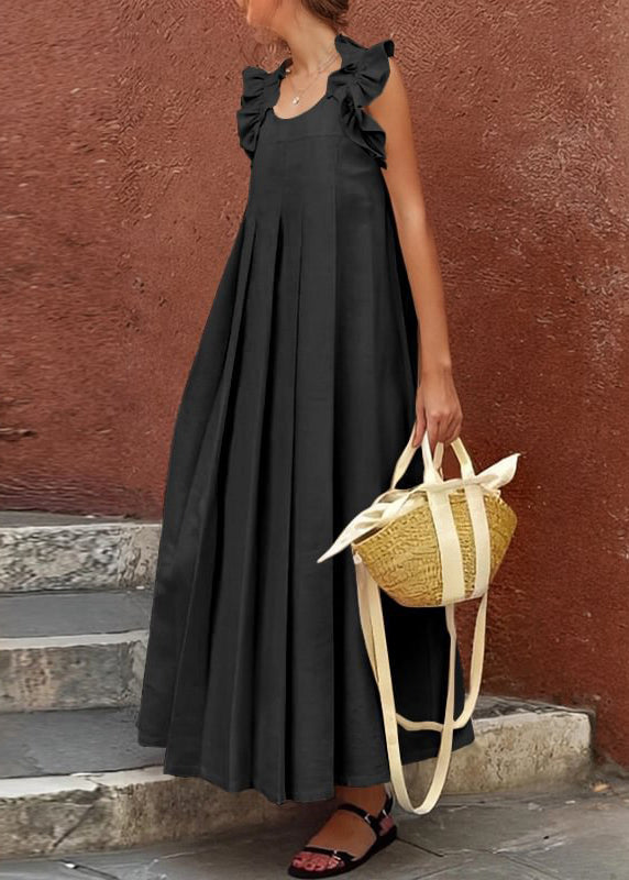 Women Apricot Ruffled Solid Cotton Long Dress Sleeveless