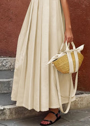 Women Apricot Ruffled Solid Cotton Long Dress Sleeveless