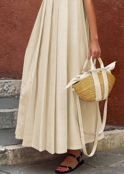 Women Apricot Ruffled Solid Cotton Long Dress Sleeveless