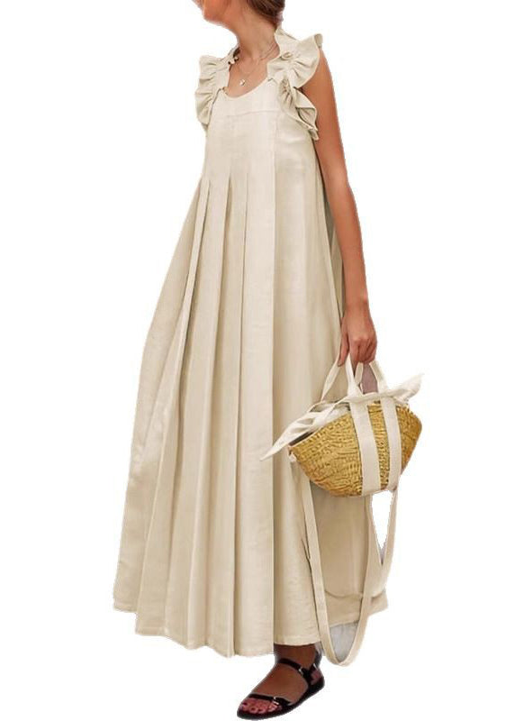 Women Apricot Ruffled Solid Cotton Long Dress Sleeveless