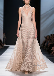 Women Apricot Striped Patchwork Lace Silm Fit Evening Dress Summer