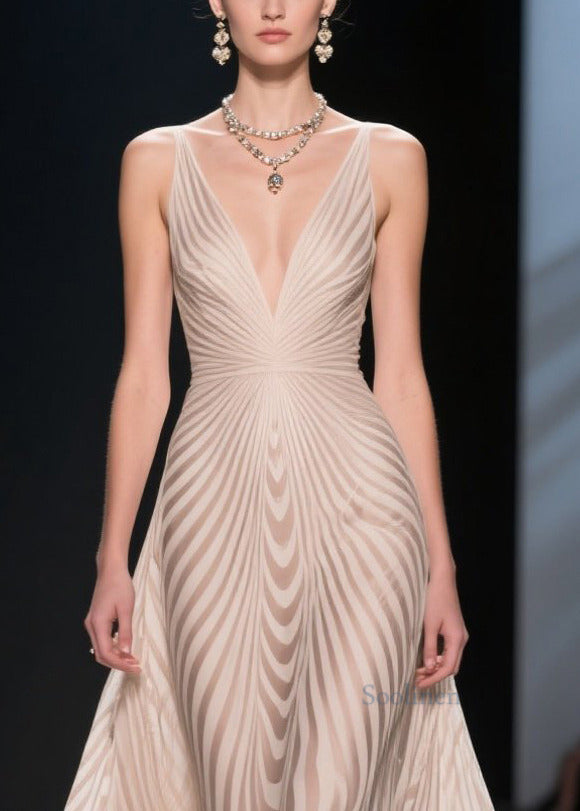 Women Apricot Striped Patchwork Lace Silm Fit Evening Dress Summer