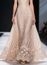 Women Apricot Striped Patchwork Lace Silm Fit Evening Dress Summer