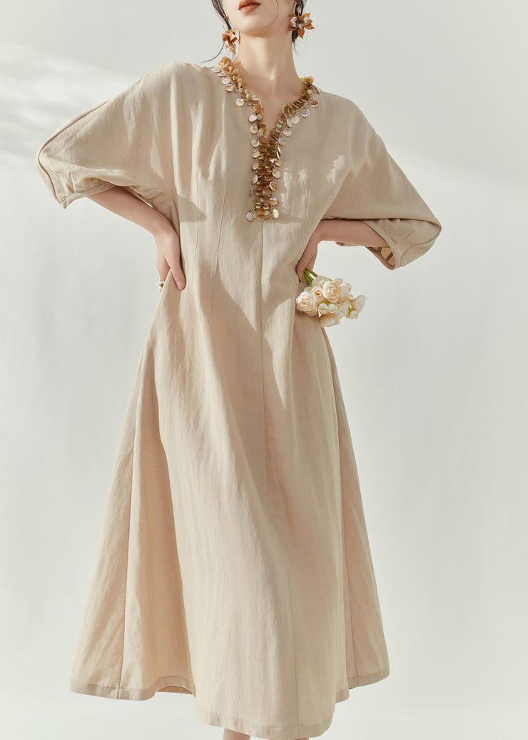 Women Apricot V Neck Maxi Dresses Fall