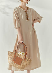 Women Apricot V Neck Maxi Dresses Fall