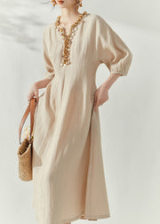 Women Apricot V Neck Maxi Dresses Fall