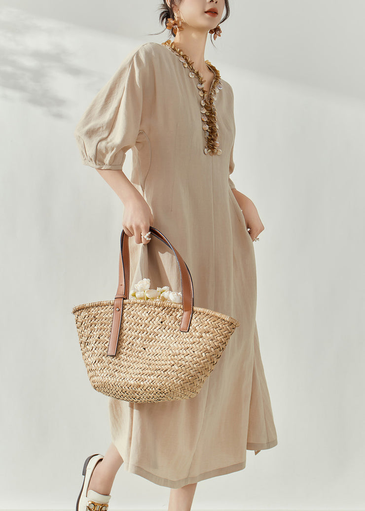 Women Apricot V Neck Maxi Dresses Fall