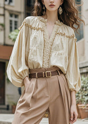 Women Apricot V Neck Ruffled Patchwork Cotton Shirt Fall