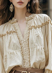 Women Apricot V Neck Ruffled Patchwork Cotton Shirt Fall